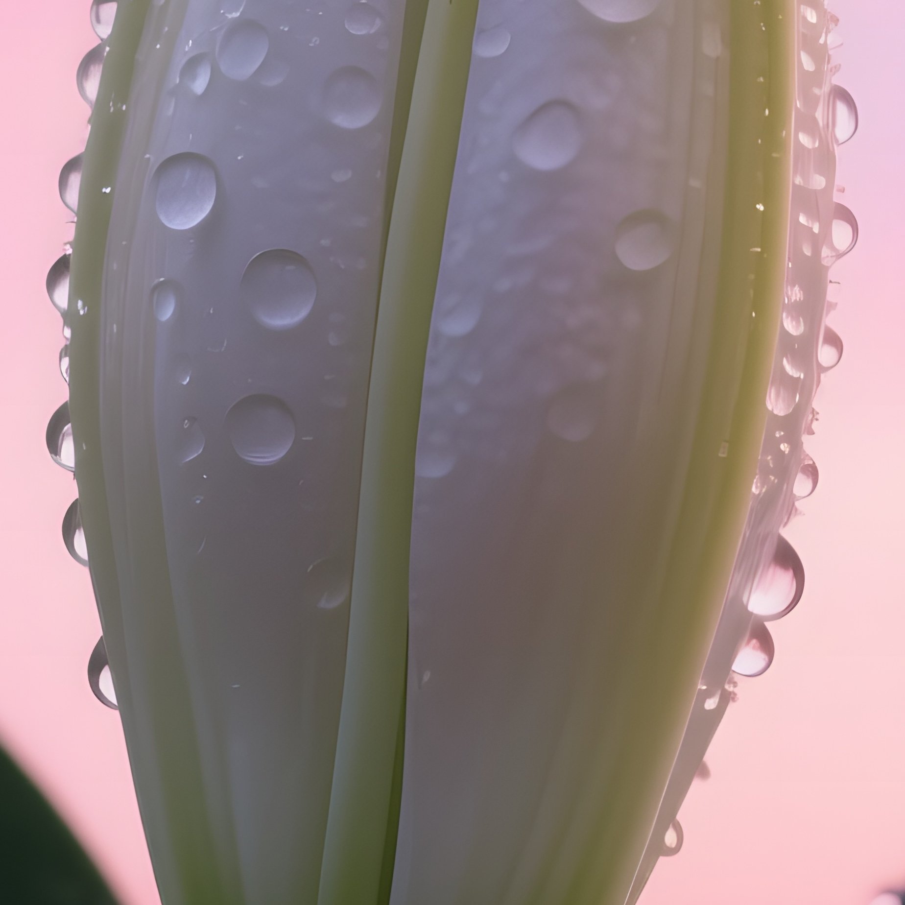 A Close‑Up Macro Shot Of A Single Dew‑Covered White Lily Bud Emerging From A Dark Green Leaf, - Full Resolution Quality Preview