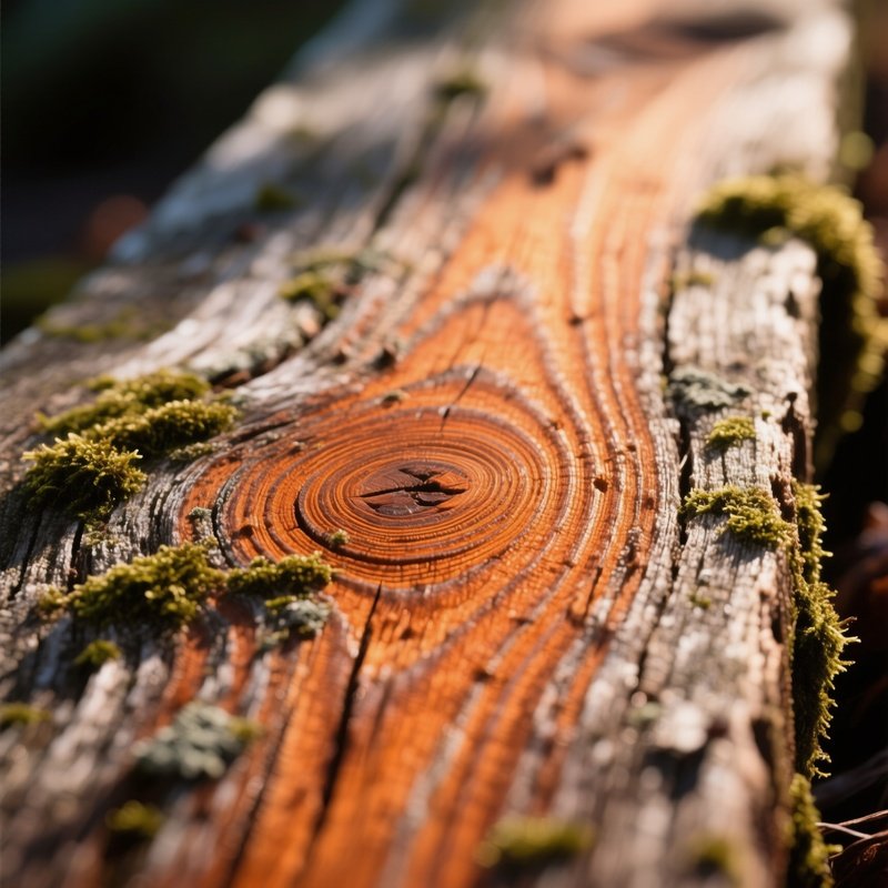 A Close‑Up Macro Shot Of A Weathered Pine Plank With Deep Orange‑Brown Rings, Sunlit From The Side