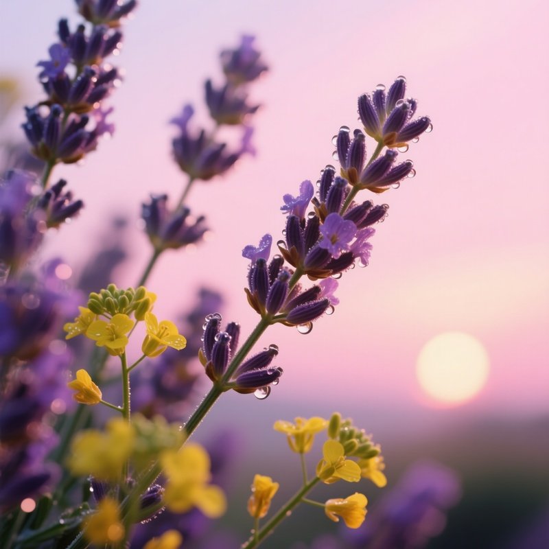 A Close‑Up Macro Shot Of Dew‑Kissed Lavender Spikes Intertwined With Tiny Yellow Mustard Flowers,