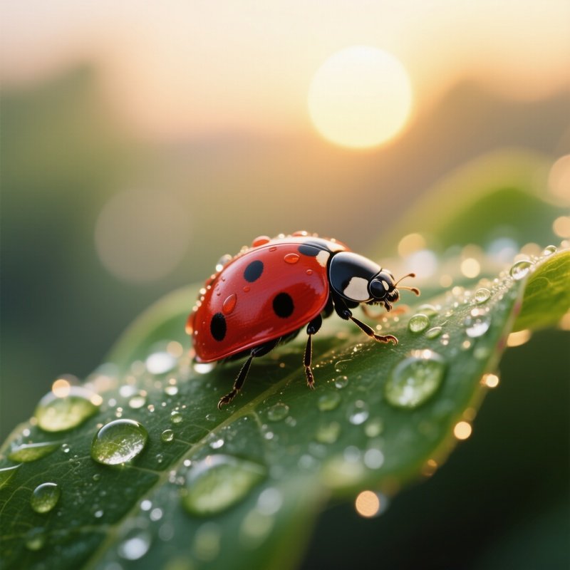A Close‑Up Macro View Of A Bright Red Ladybug Perched On A Dew‑Covered Green Leaf At Sunrise, Soft