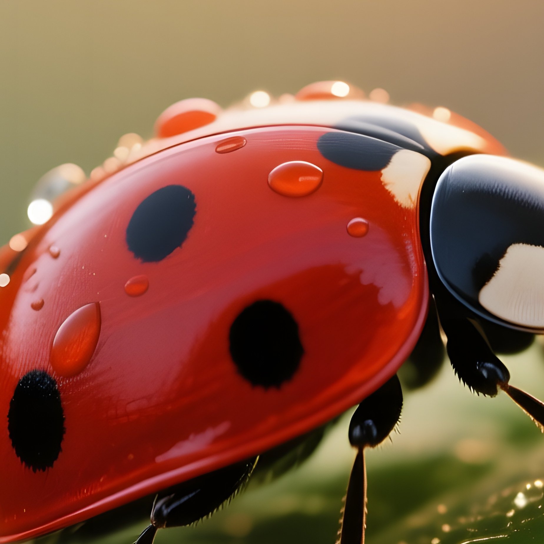 A Close‑Up Macro View Of A Bright Red Ladybug Perched On A Dew‑Covered Green Leaf At Sunrise, Soft - Full Resolution Quality Preview