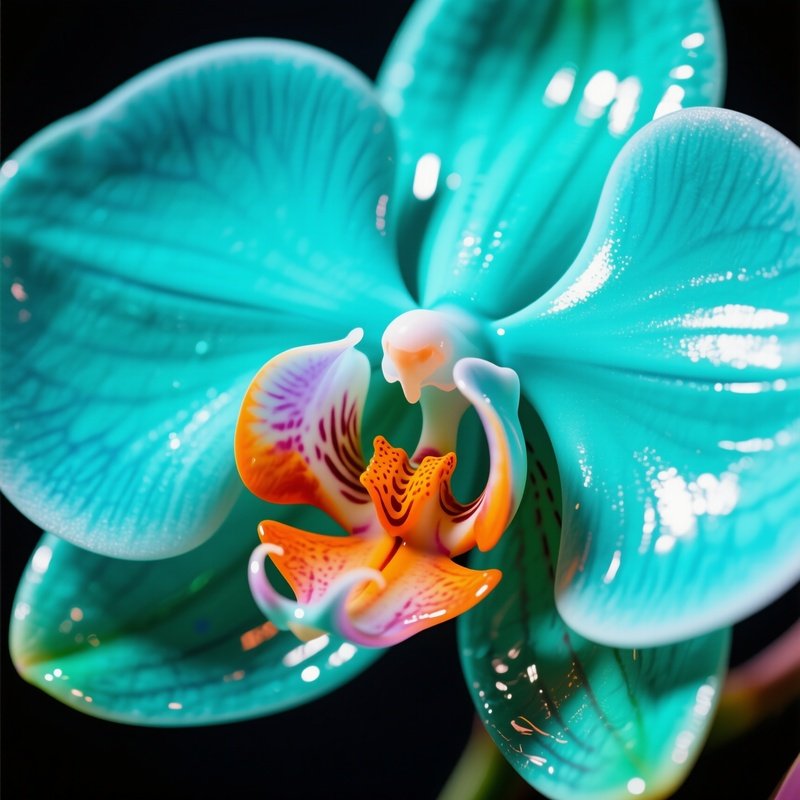 A Close Up Macro View Of A Pop Art Orchid With Glossy Teal Petals And A Bright Orange Stamen