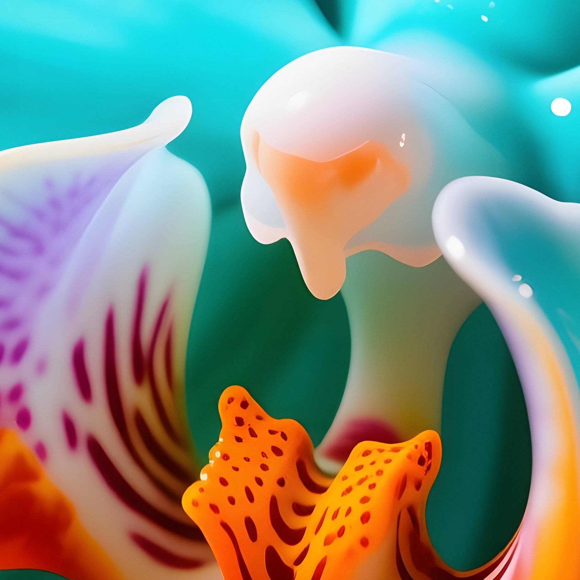 A Close Up Macro View Of A Pop Art Orchid With Glossy Teal Petals And A Bright Orange Stamen - Full Resolution Quality Preview