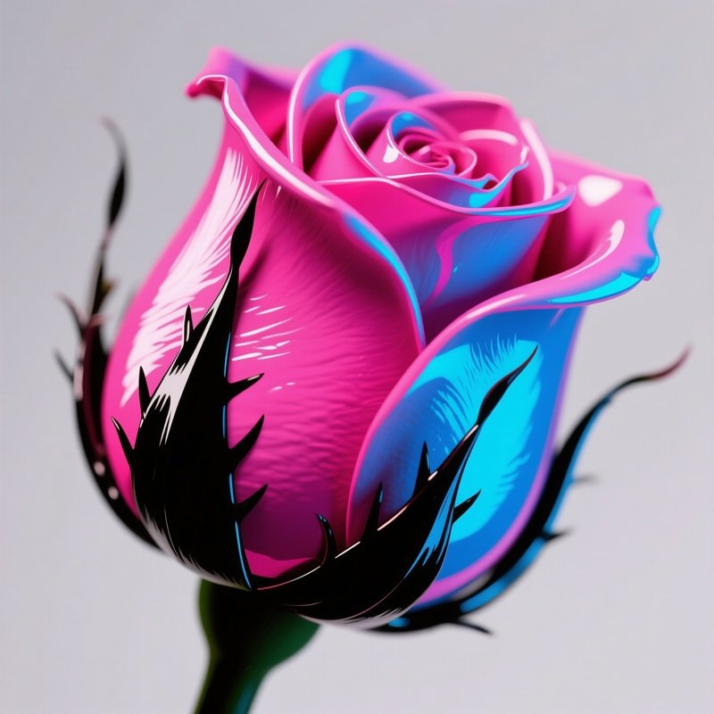 A Close‑Up Macro View Of A Pop‑Art Rosebud In Glossy Pink And Electric Blue, Studio Lighting