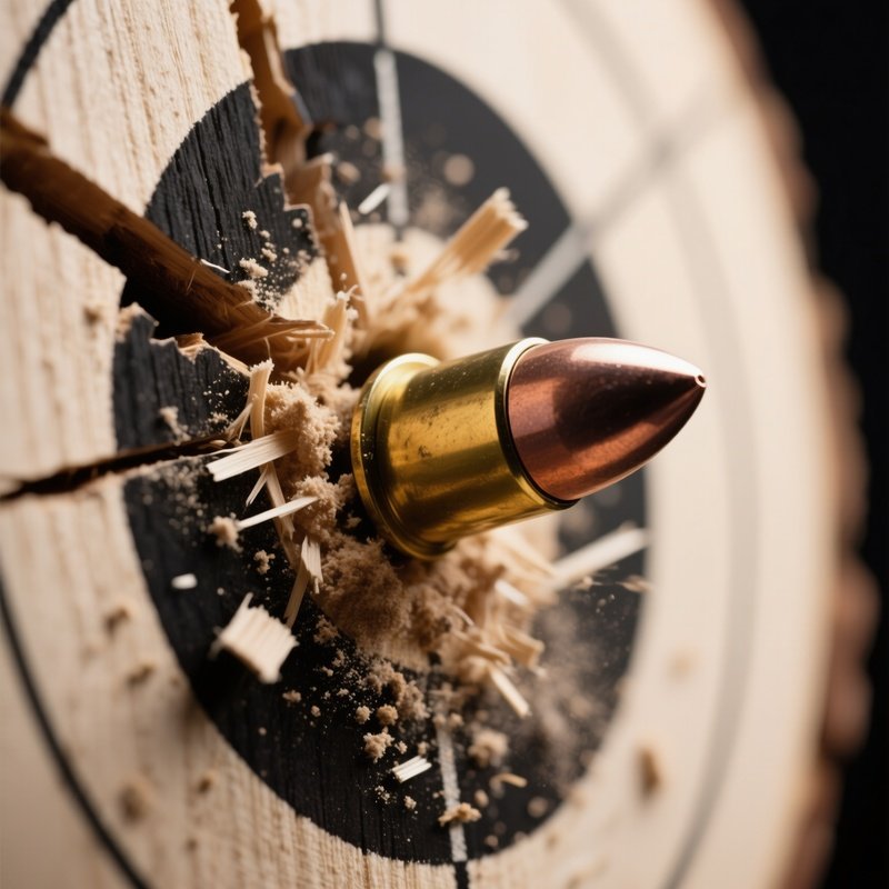 A Close‑Up Macro View Of A Shotgun Slug Embedded In A Wooden Target, Splintered Wood Fibers And