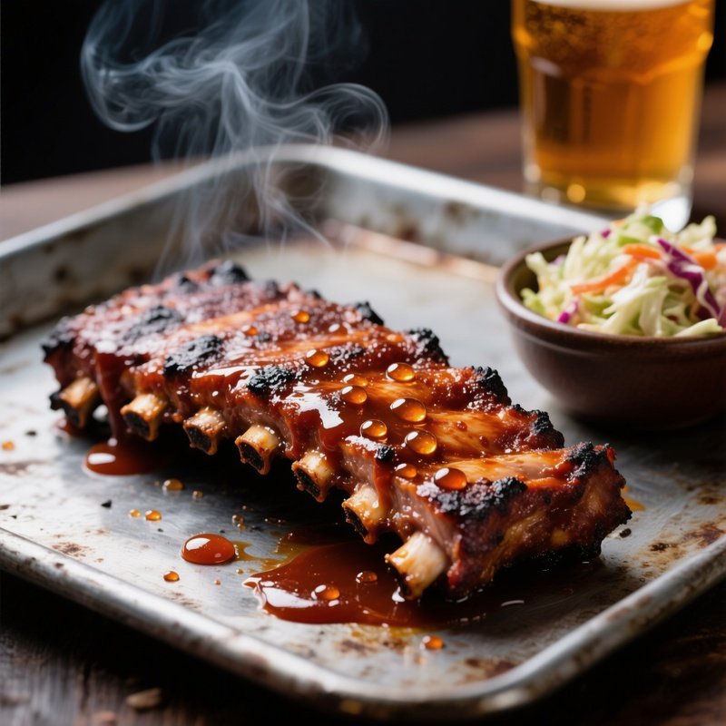 A Close‑Up Macro View Of A Single Rib Half‑Splattered In Thick, Smoky Barbecue Sauce, Droplets