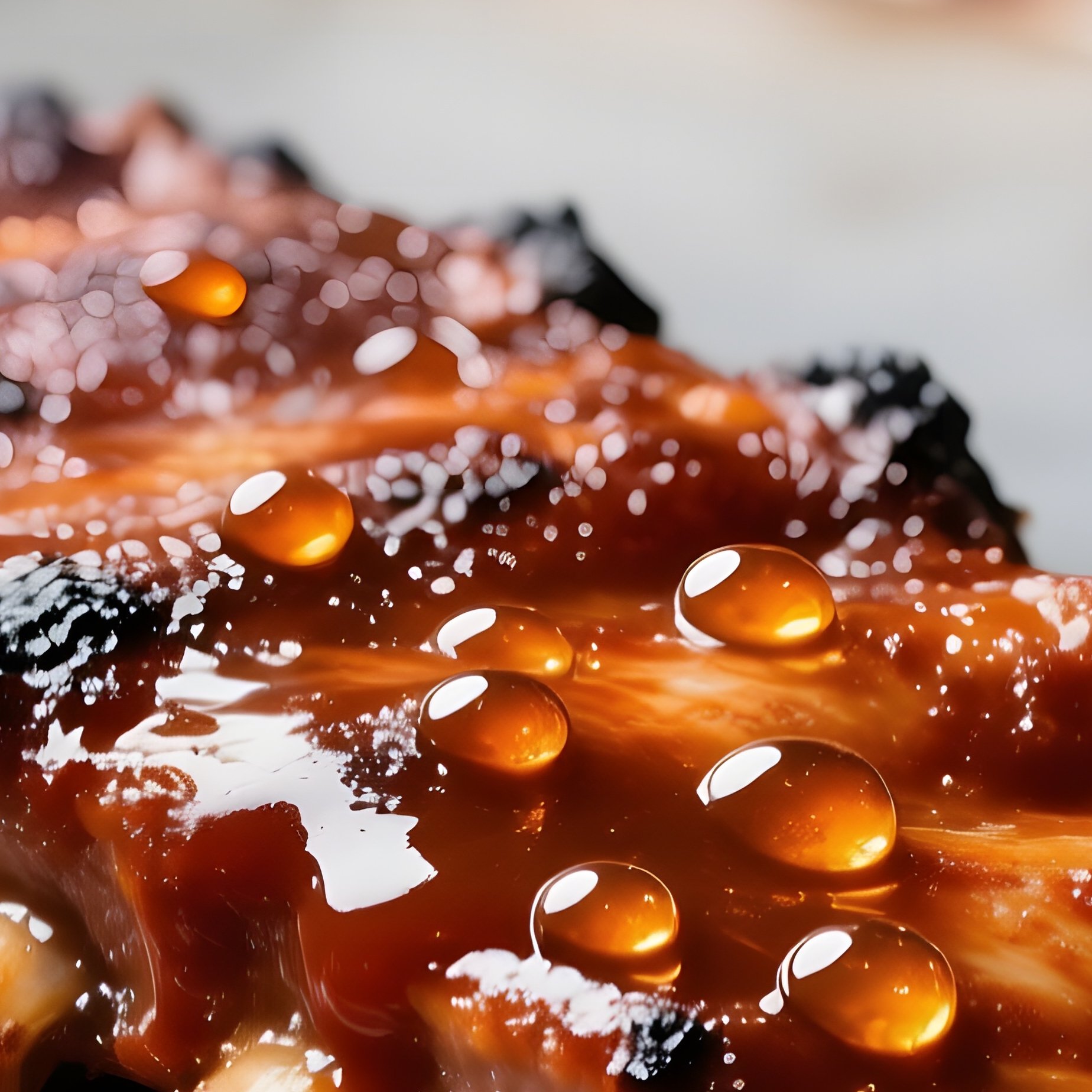A Close‑Up Macro View Of A Single Rib Half‑Splattered In Thick, Smoky Barbecue Sauce, Droplets - Full Resolution Quality Preview