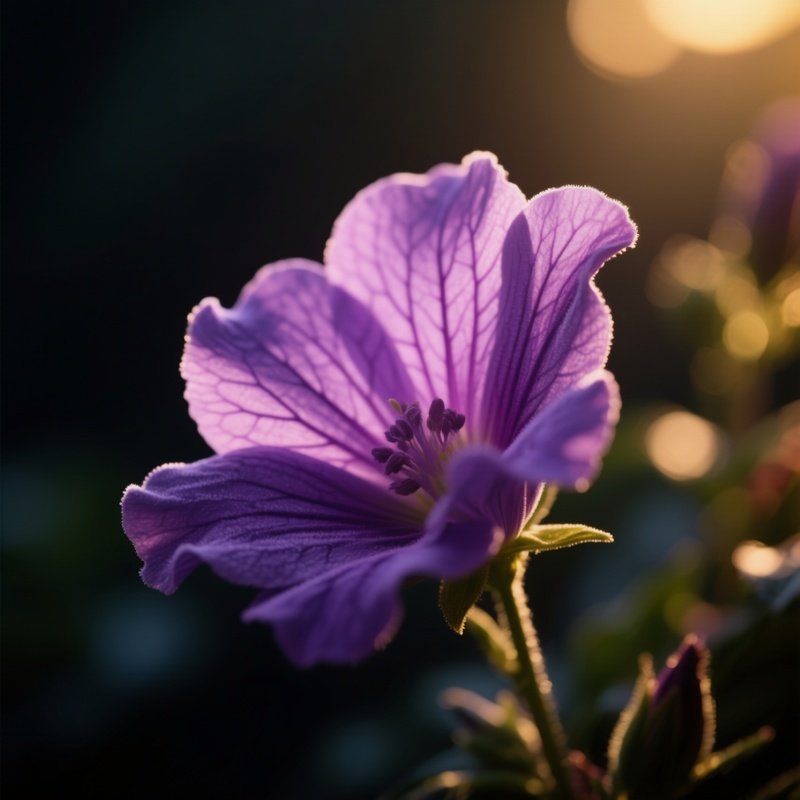 A Close‑Up Macro View Of A Single Velvety Violet Flower Against A Dark, Out‑Of‑Focus Garden