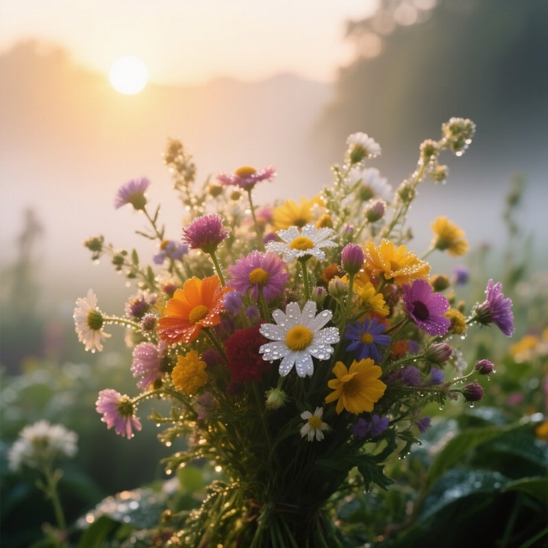 A Close‑Up Macro View Of A Vibrant Bouquet Of Mixed Wildflowers Drenched In Early Morning Dew, With