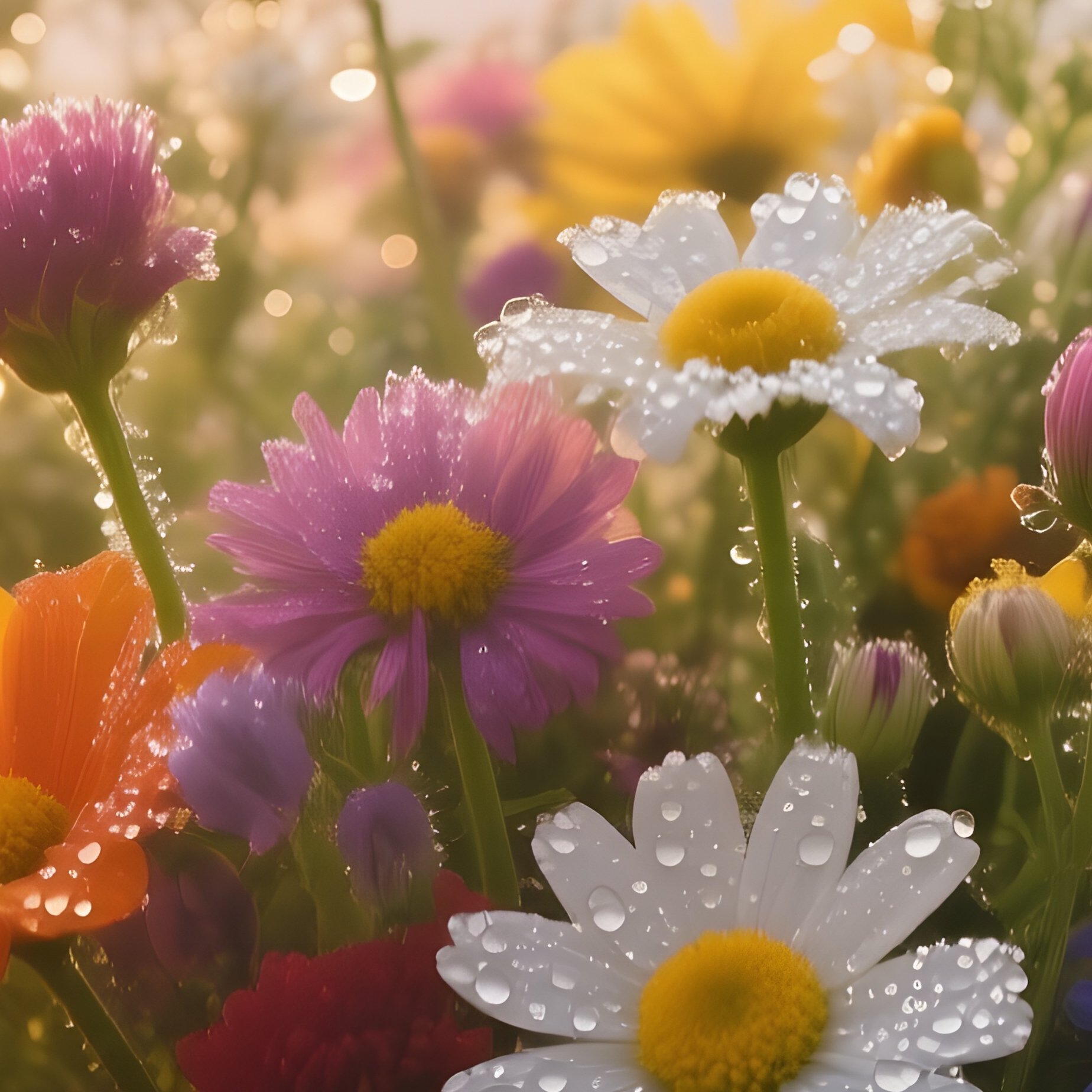 A Close‑Up Macro View Of A Vibrant Bouquet Of Mixed Wildflowers Drenched In Early Morning Dew, With - Full Resolution Quality Preview