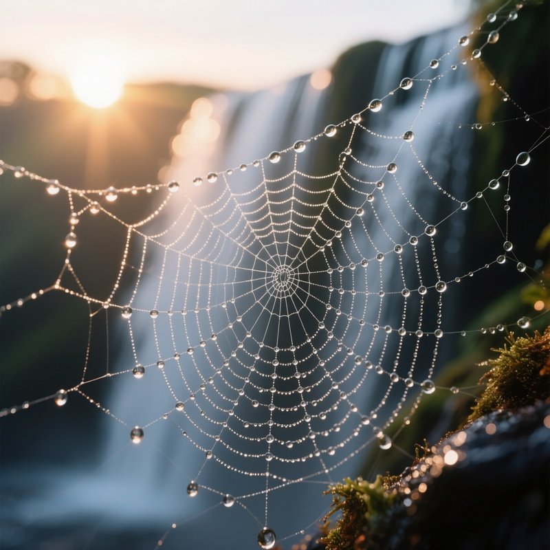 A Close Up Macro View Of Water Droplets Clinging To Delicate Spiderwebs Near A Waterfall, Sunrise