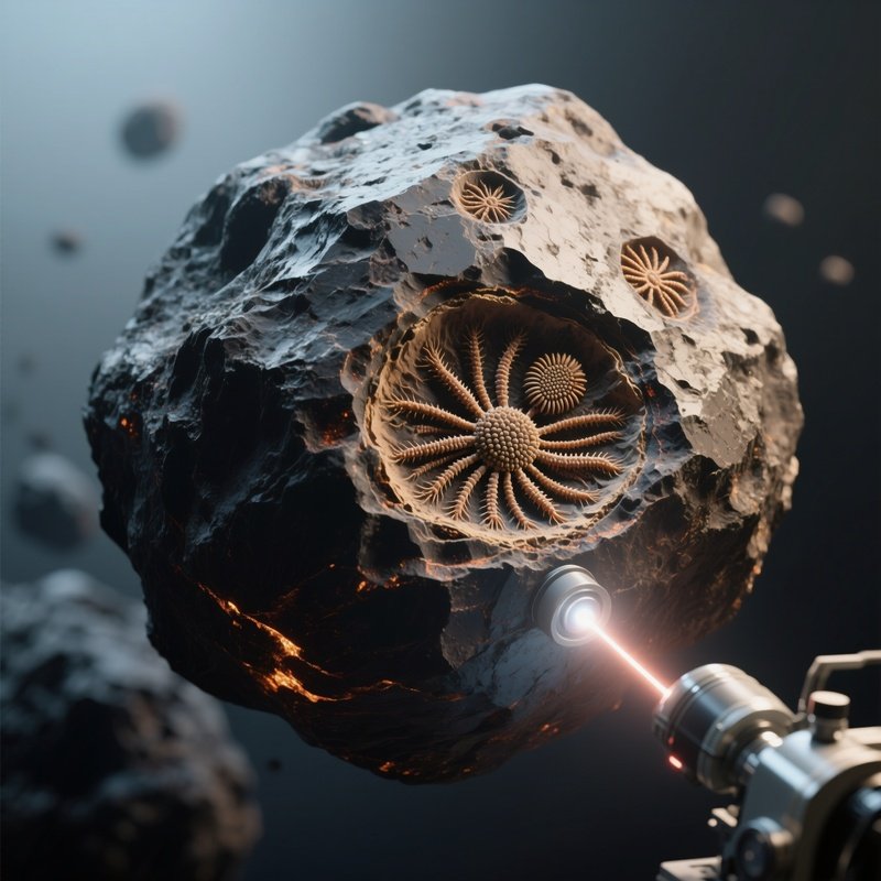 A Close‑Up Of A Basaltic Asteroid With Ancient Fossilized Microorganisms Embedded In Its Layers,