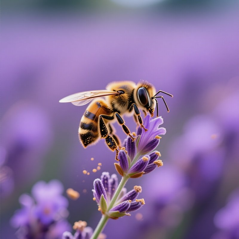 A Close‑Up Of A Bee Perched On A Lavender Bud, Pollen Dusting Its Legs, Background Blurred Into A