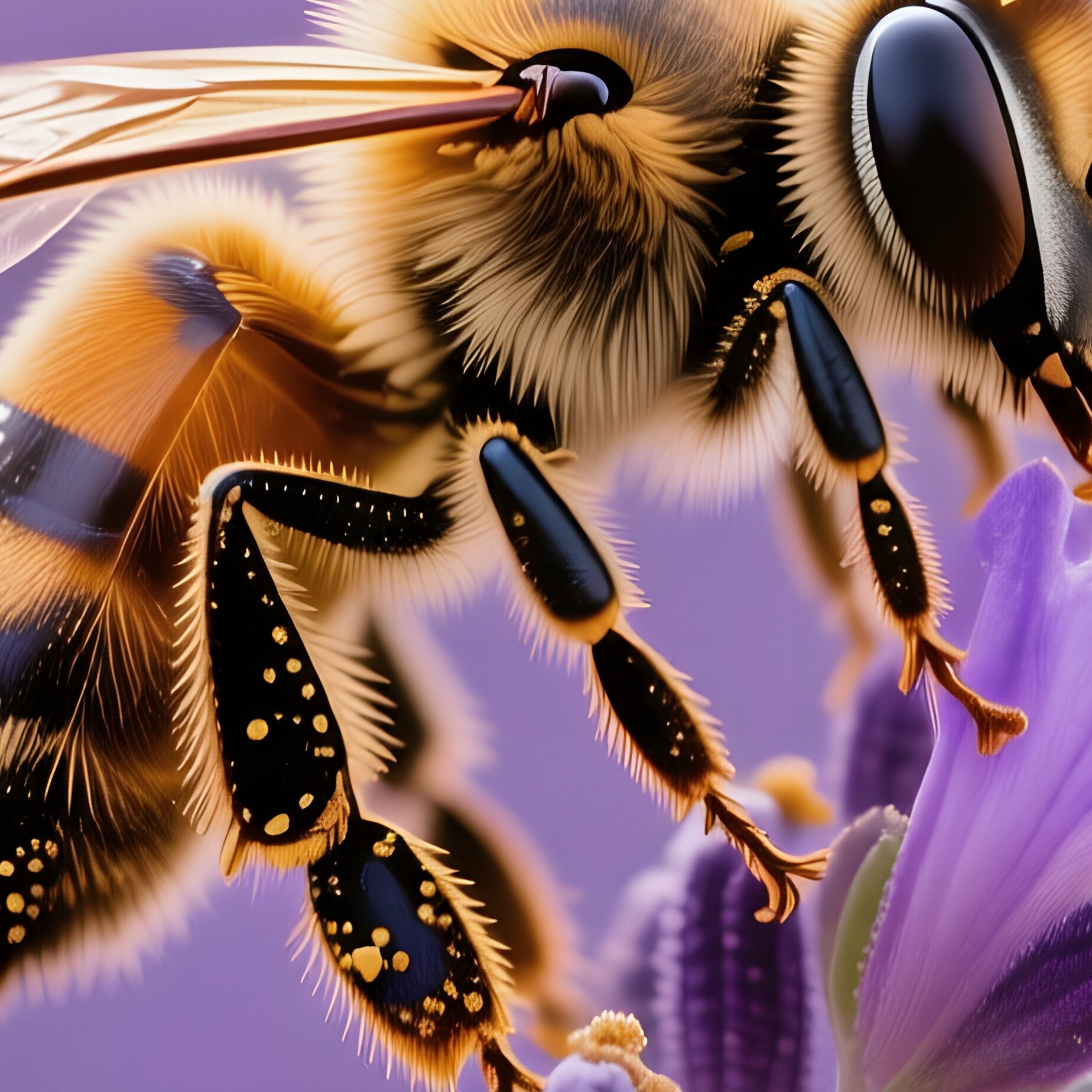 A Close‑Up Of A Bee Perched On A Lavender Bud, Pollen Dusting Its Legs, Background Blurred Into A - Full Resolution Quality Preview