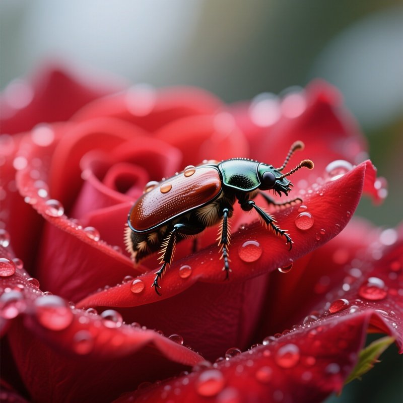 A Close‑Up Of A Beetle Crawling Across A Velvety Red Rose Petal, Tiny Hairs Catching Dew,