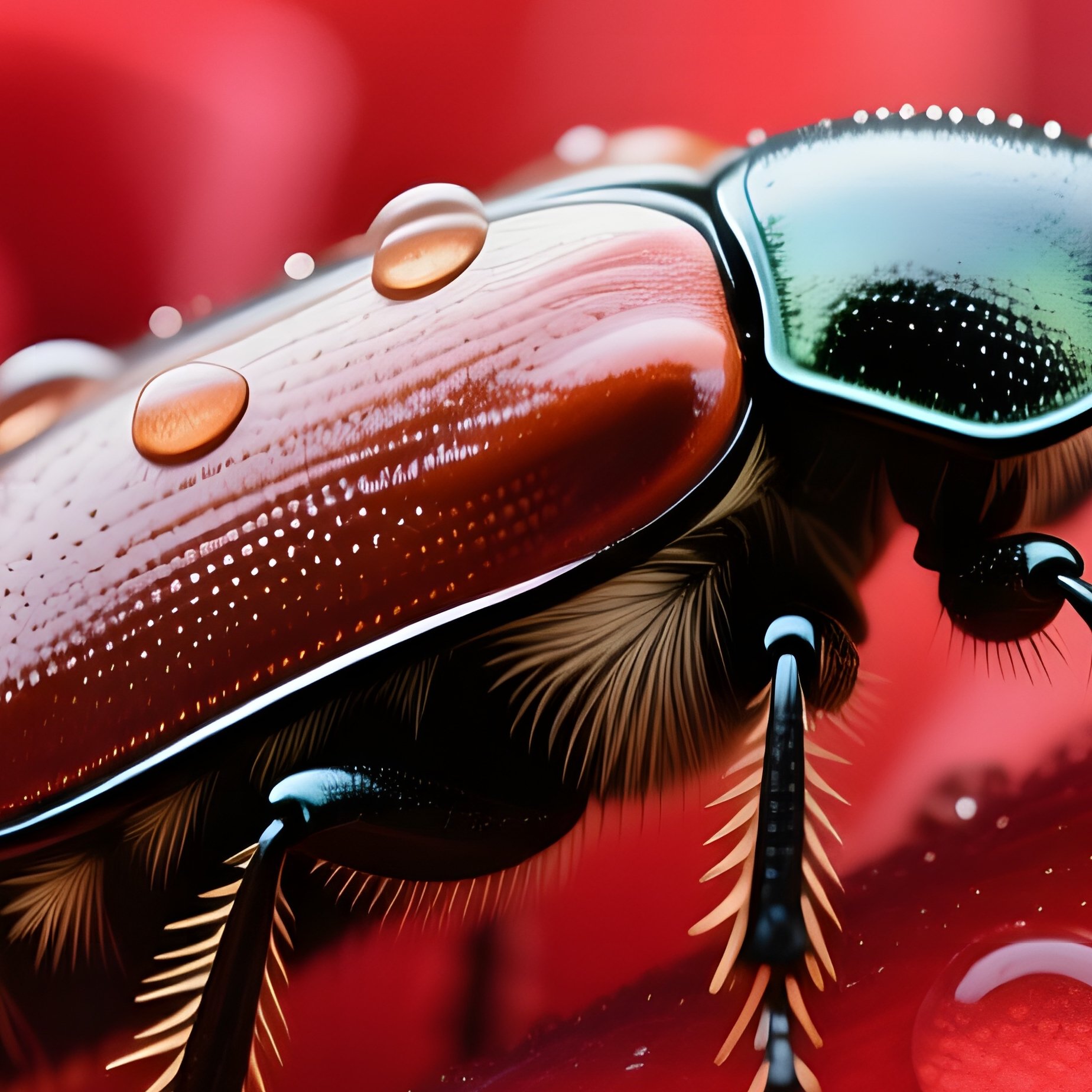 A Close‑Up Of A Beetle Crawling Across A Velvety Red Rose Petal, Tiny Hairs Catching Dew, - Full Resolution Quality Preview