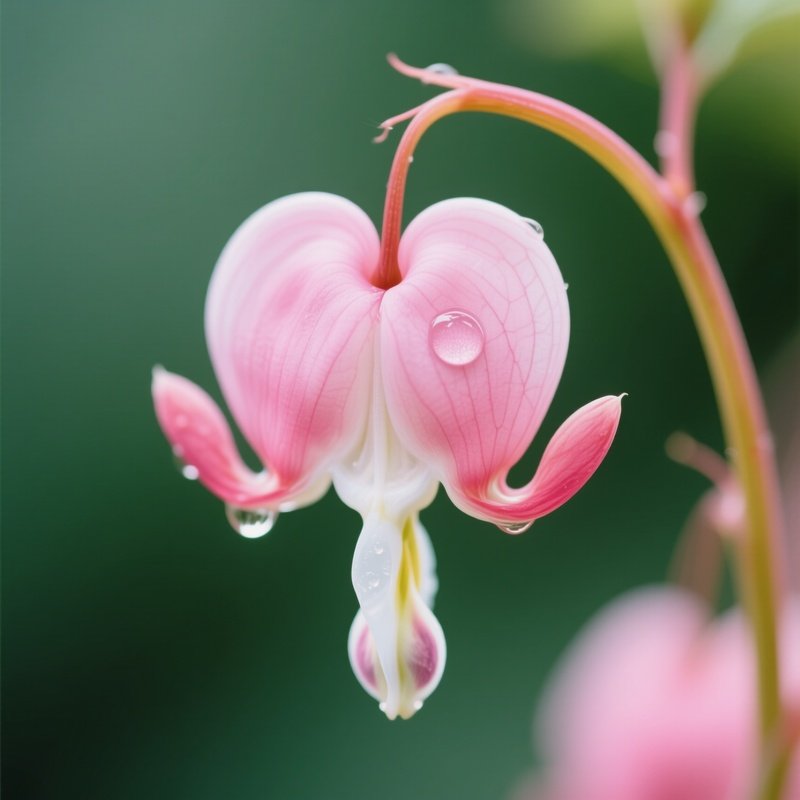 A Close Up Of A Bleeding Heart Flower Hanging From A Curved Stem