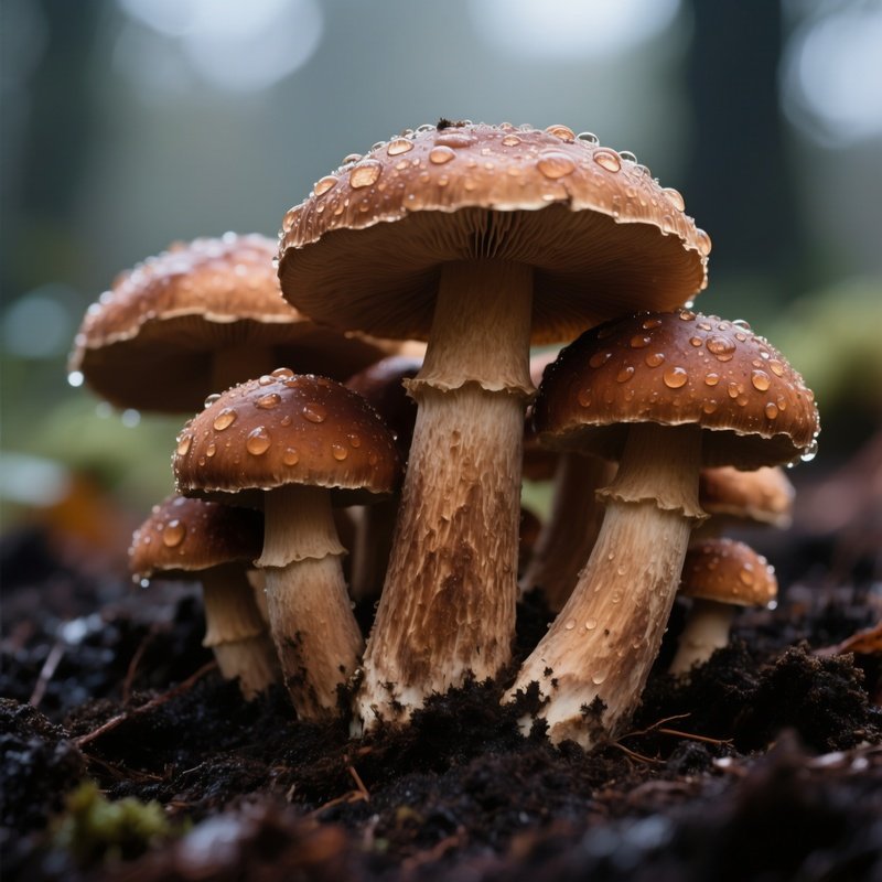 A Close‑Up Of A Cluster Of Brown Bolete Mushrooms With Thick Stems Emerging From Rich Dark Soil,