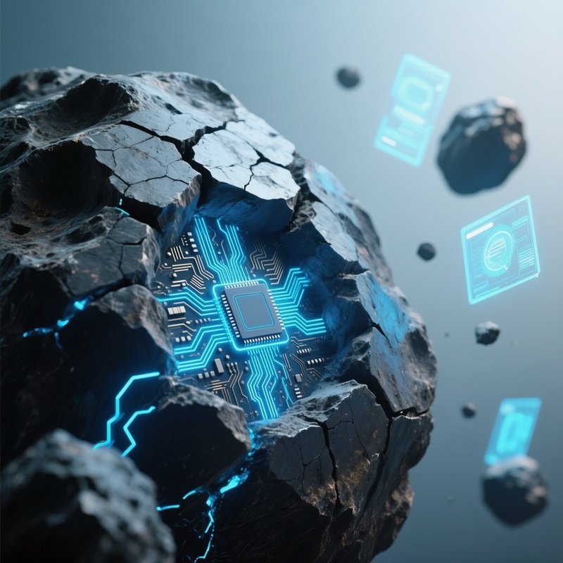 A Close‑Up Of A Cracked Asteroid Surface Revealing Hidden Circuitry Etched Into The Rock, Pulsing