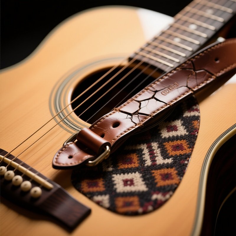 A Close‑Up Of A Cracked Leather Guitar Strap Resting On An Acoustic Guitar With A Patterned Wool