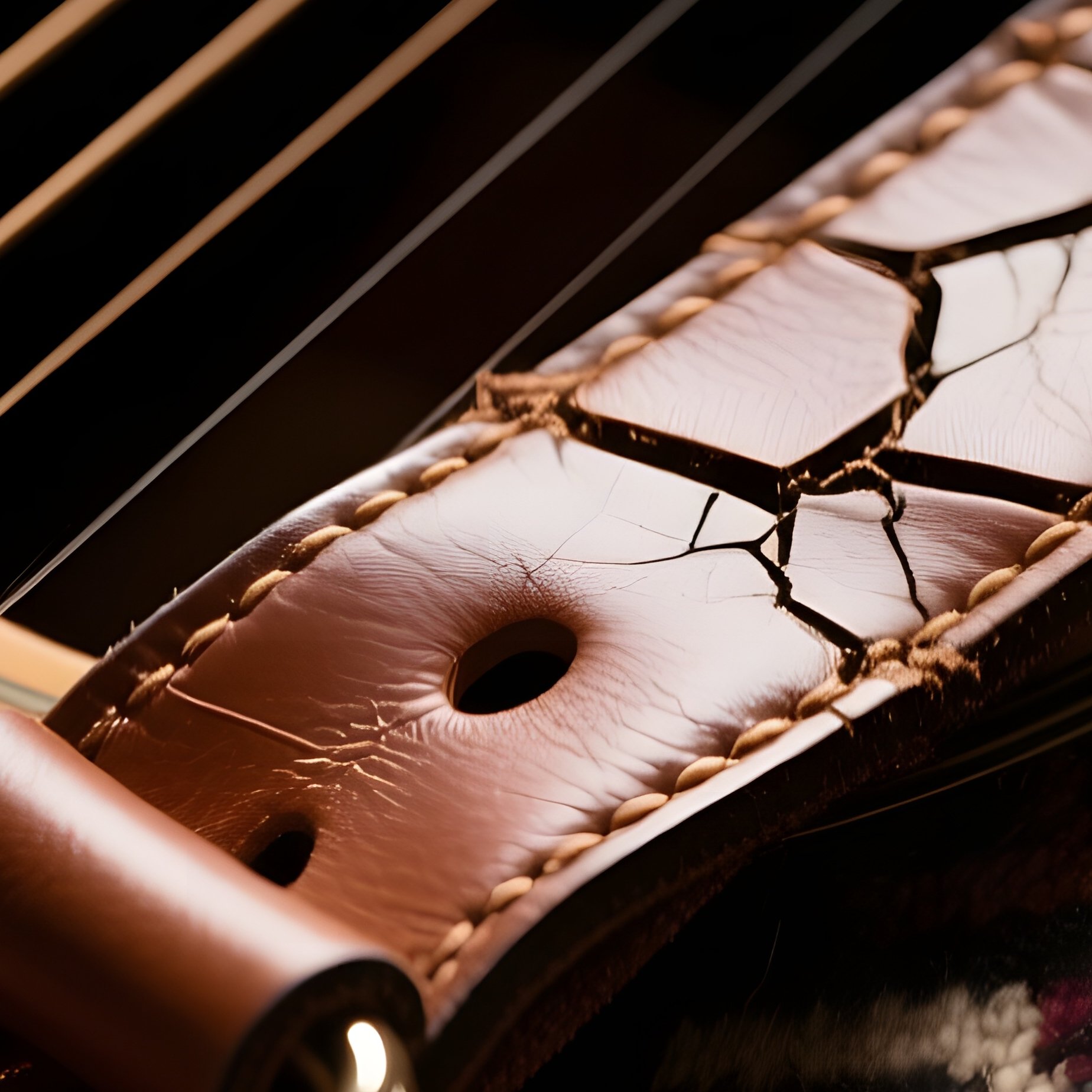 A Close‑Up Of A Cracked Leather Guitar Strap Resting On An Acoustic Guitar With A Patterned Wool - Full Resolution Quality Preview