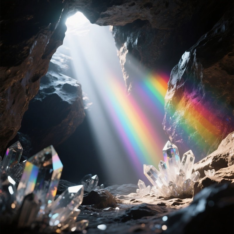 A Close‑Up Of A Crystal‑Filled Cavern Within An Asteroid, Shafts Of Sunlight Filtering In And