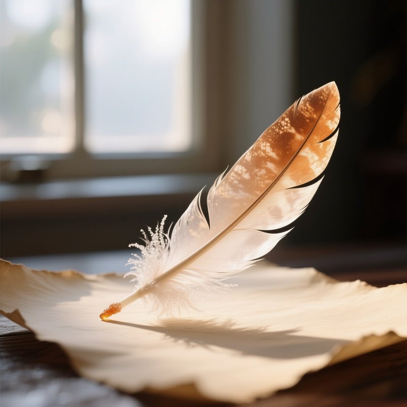 A Close‑Up Of A Delicate Sugar Feather Quill Lying On Parchment, Soft Daylight Streaming Through A