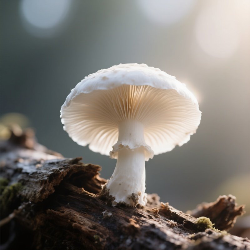 A Close‑Up Of A Delicate White Oyster Mushroom Growing On A Decaying Log, Intricate Gills Visible,