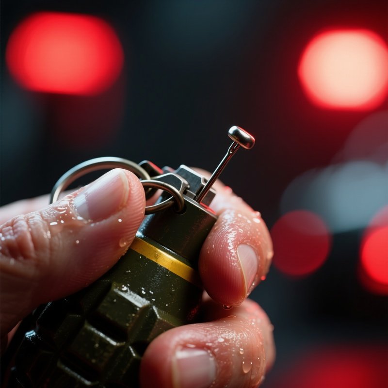 A Close‑Up Of A Detonator Pin Being Pulled From A Hand Grenade, Sweat Glistening On The Finger,