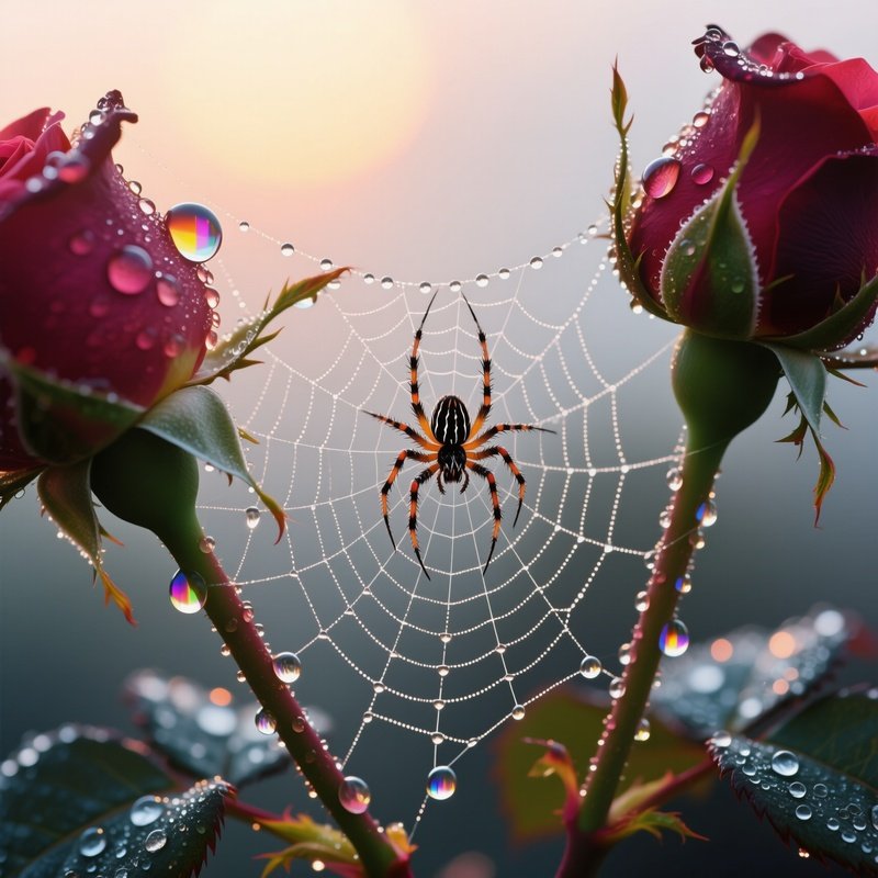 A Close‑Up Of A Dew‑Covered Spider Web Draped Between Two Rose Stems, Each Droplet Acting As A Tiny