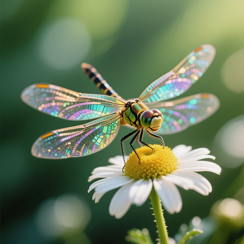 A Close‑Up Of A Dragonfly Perched On A Daisy Head, Iridescent Wings Reflecting Surrounding Greens,