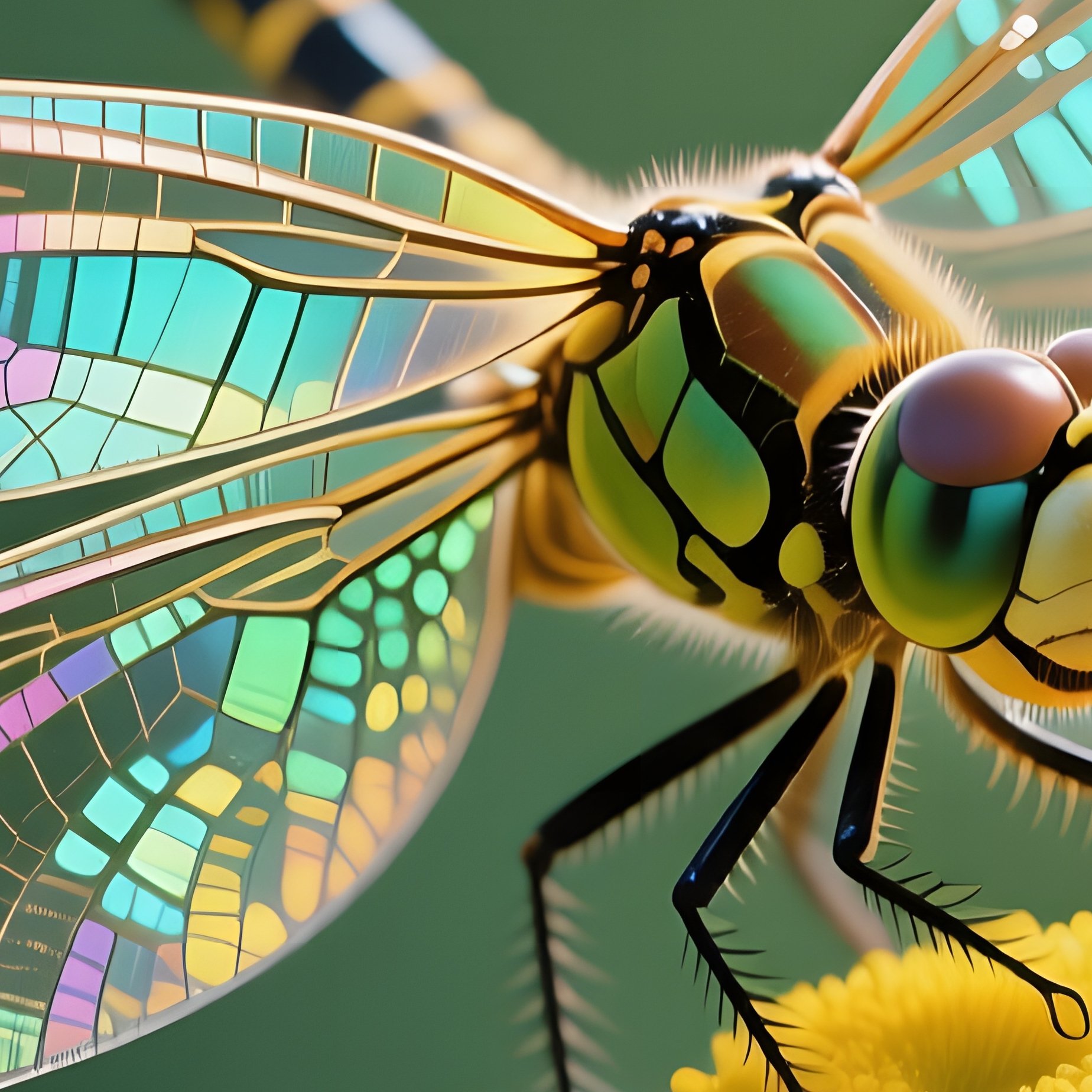 A Close‑Up Of A Dragonfly Perched On A Daisy Head, Iridescent Wings Reflecting Surrounding Greens, - Full Resolution Quality Preview