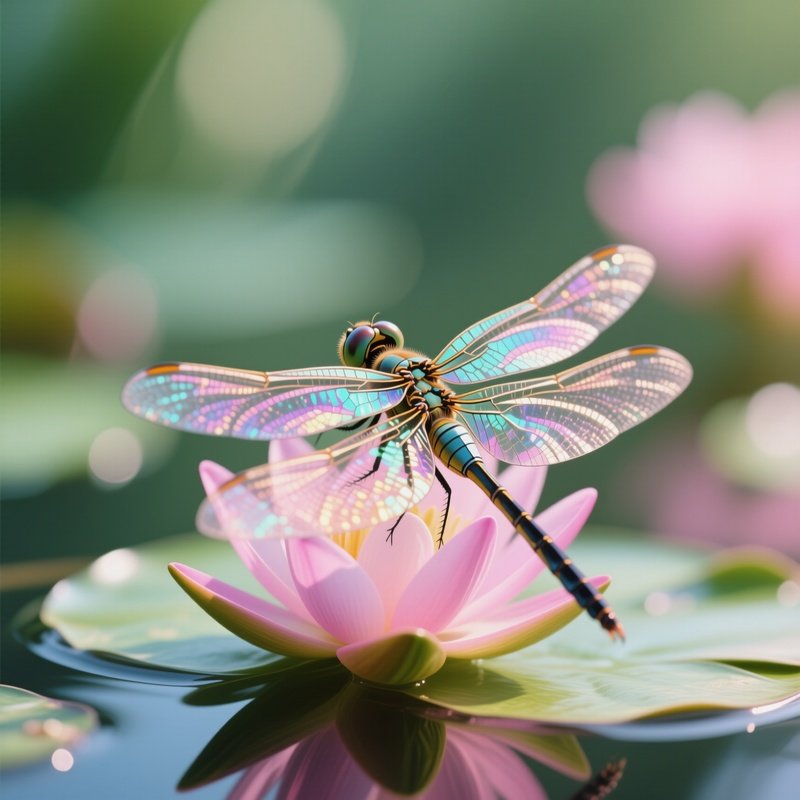 A Close‑Up Of A Dragonfly Perched On A Lily Pad, Wings Shimmering Iridescently, Background Blurred