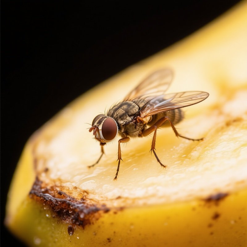 A Close Up Of A Fruit Fly On A Piece Of Banana
