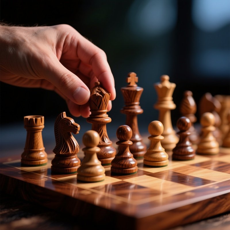 A Close‑Up Of A Hand‑Carved Wooden Chess Set On A Walnut Board, Each Piece Showing Intricate Grain