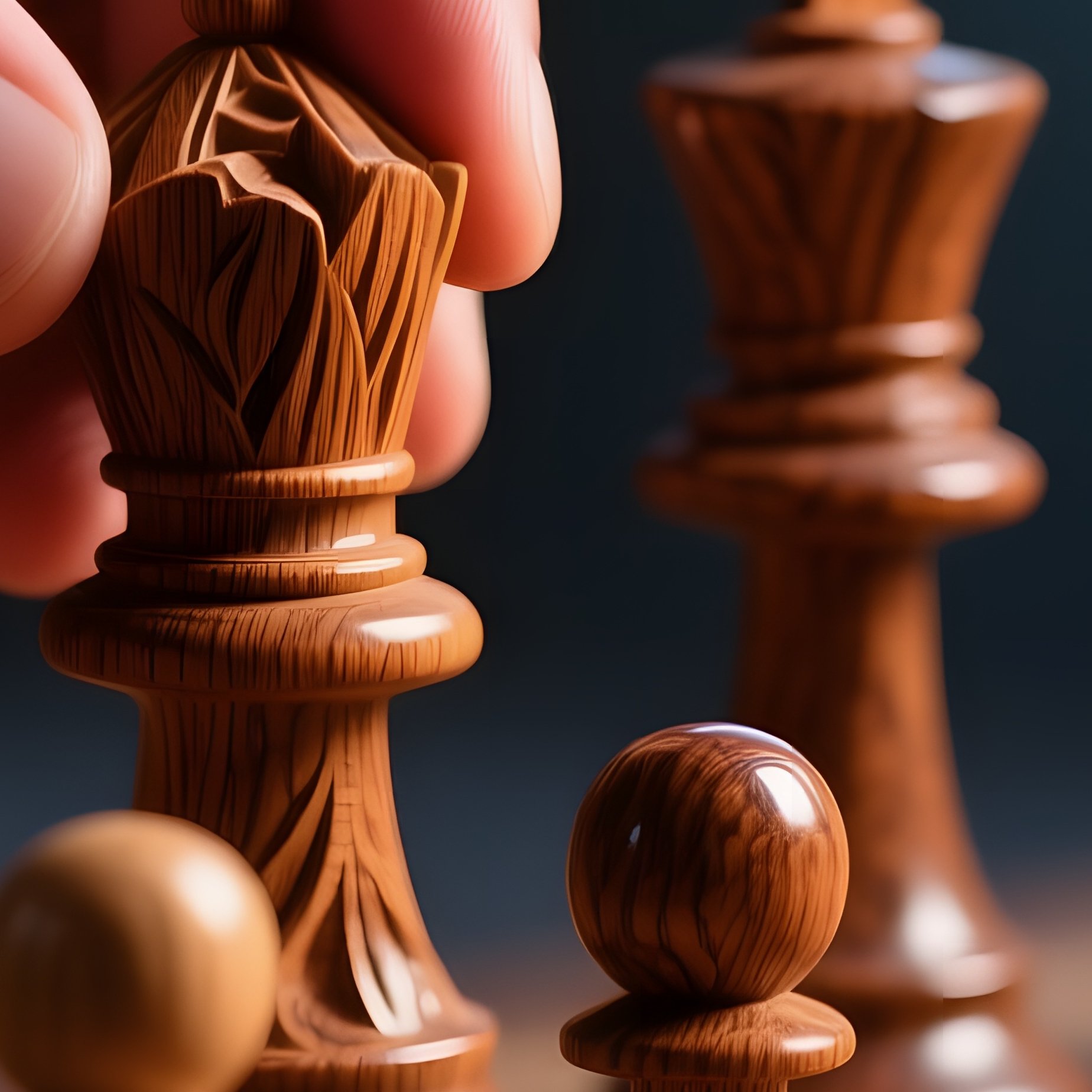 A Close‑Up Of A Hand‑Carved Wooden Chess Set On A Walnut Board, Each Piece Showing Intricate Grain - Full Resolution Quality Preview