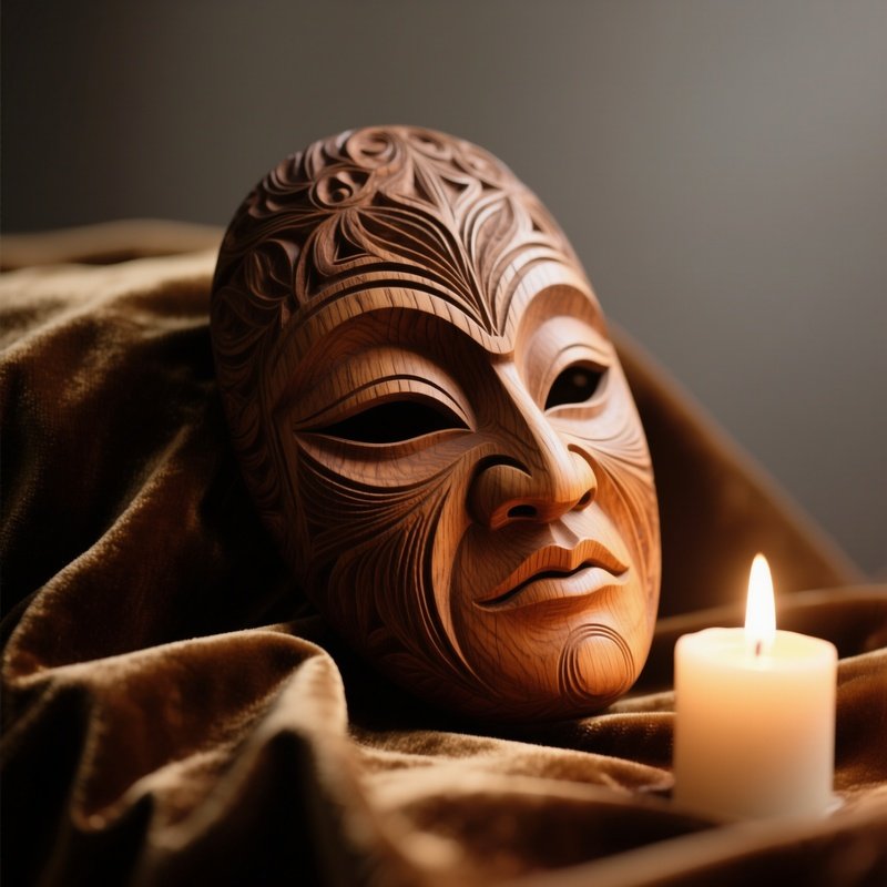 A Close‑Up Of A Hand‑Carved Wooden Mask Resting On A Velvet Cloth, Soft Candlelight Highlighting