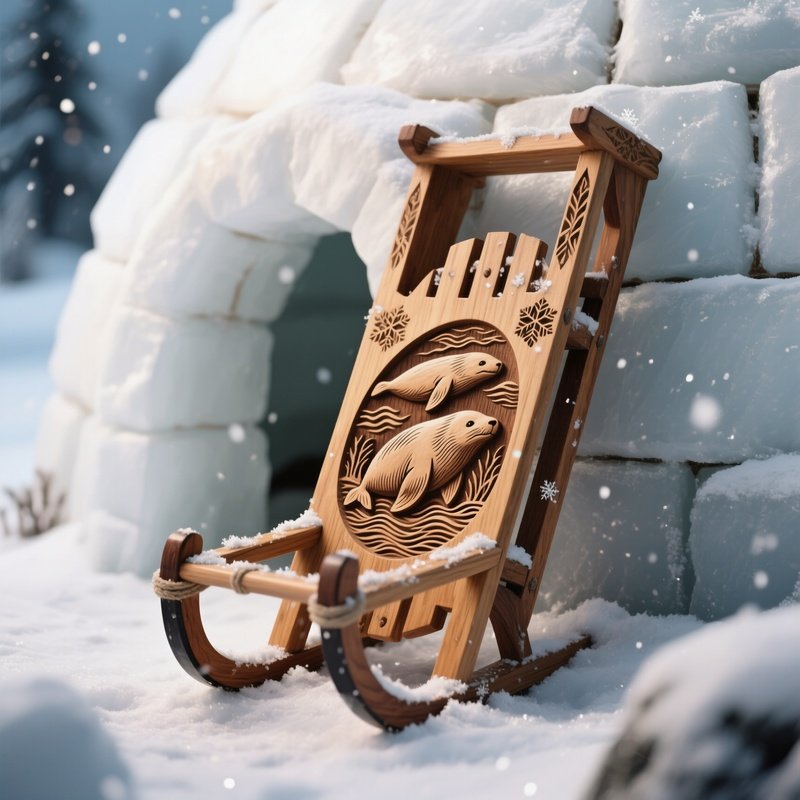 A Close Up Of A Hand Carved Wooden Sled Leaning Against The Side Of An Igloo, Detailed Etchings Of