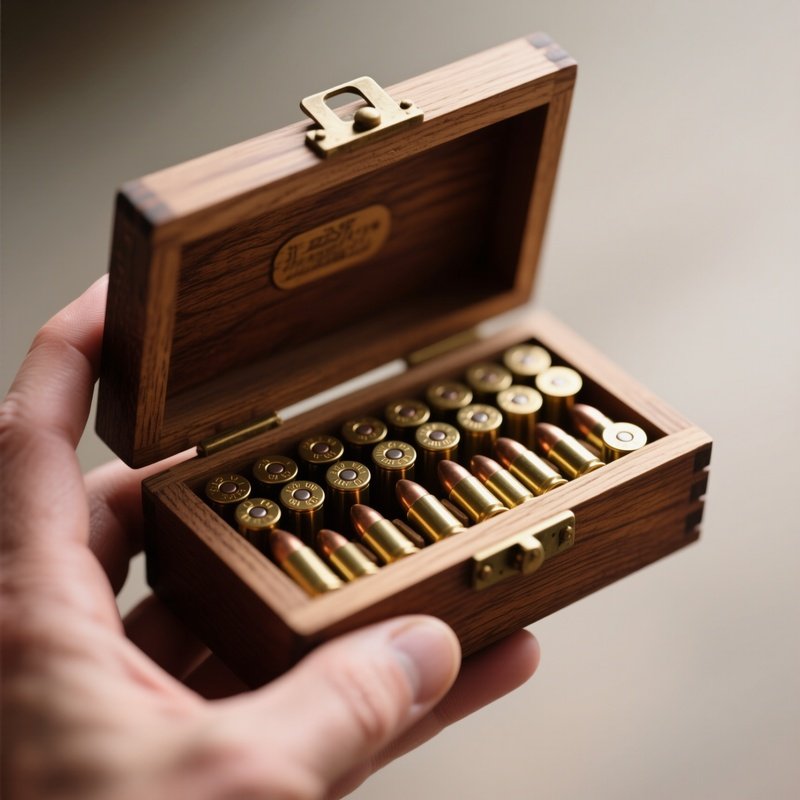 A Close‑Up Of A Hand‑Crafted Wooden Ammunition Box Open To Reveal Neatly Arranged .22 Lr Rounds,