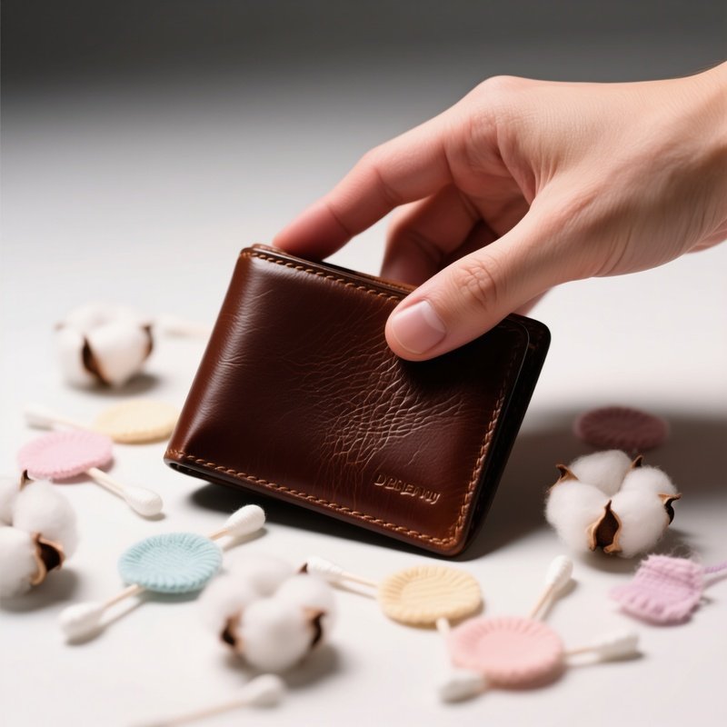 A Close‑Up Of A Hand Feeling The Grain Of A Deep‑Brown Leather Wallet Surrounded By Scattered