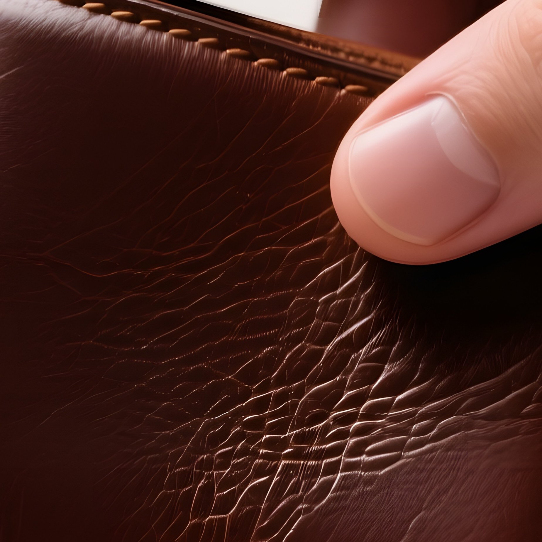 A Close‑Up Of A Hand Feeling The Grain Of A Deep‑Brown Leather Wallet Surrounded By Scattered - Full Resolution Quality Preview