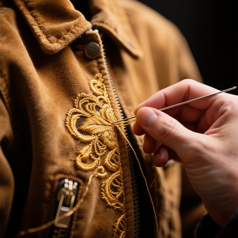 A Close‑Up Of A Hand Stitching Intricate Embroidery Onto A Suede Jacket, Threads Of Gold Catching