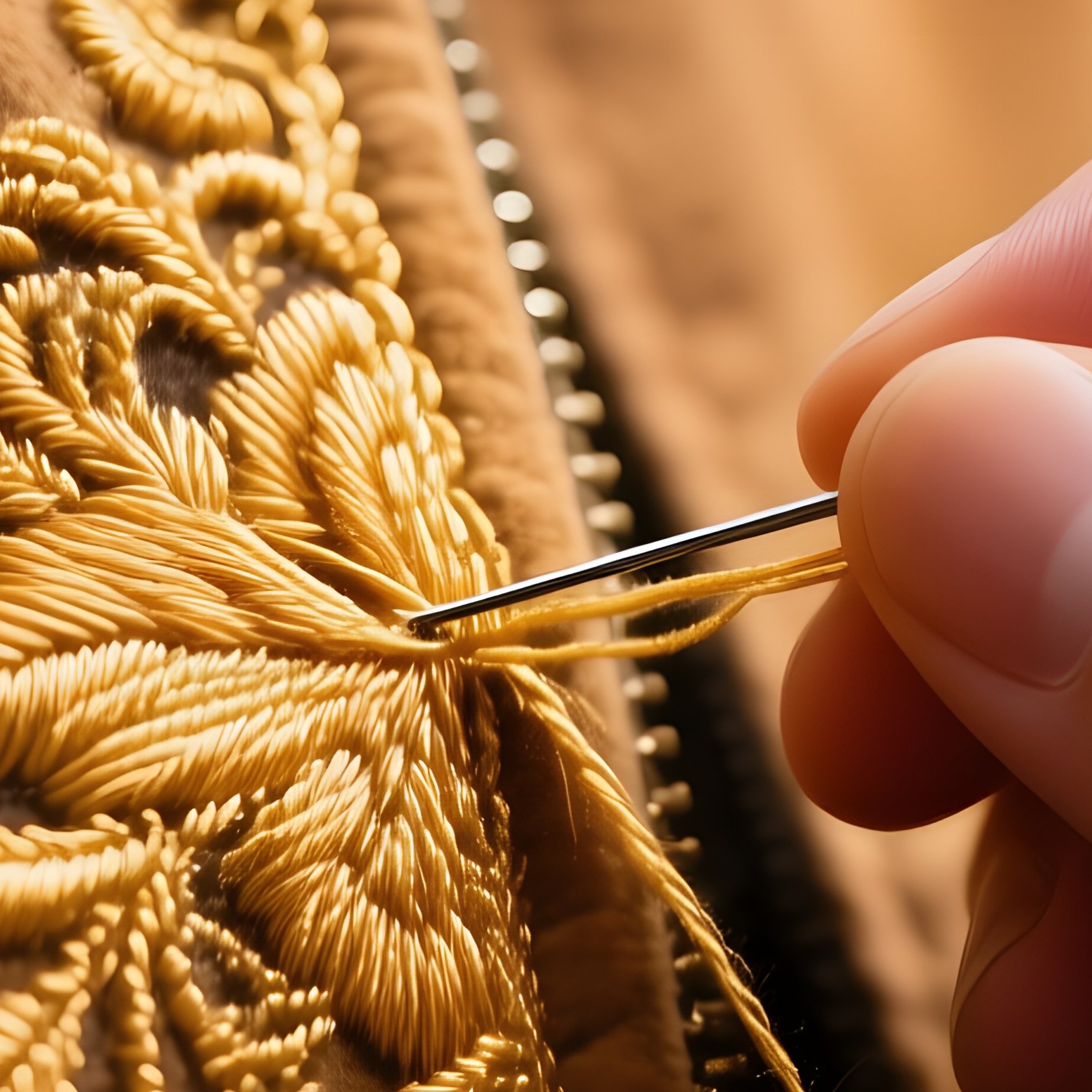 A Close‑Up Of A Hand Stitching Intricate Embroidery Onto A Suede Jacket, Threads Of Gold Catching - Full Resolution Quality Preview