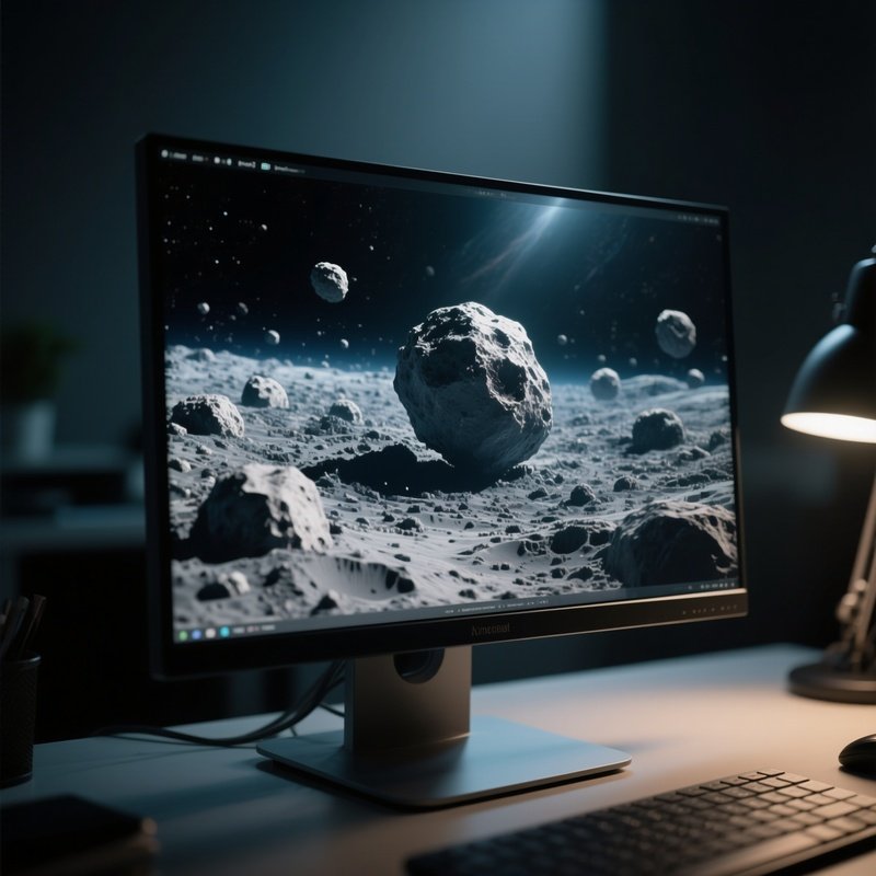 A Close‑Up Of A High‑Resolution Monitor Displaying A 3D Model Of An Asteroid Field, Its Details