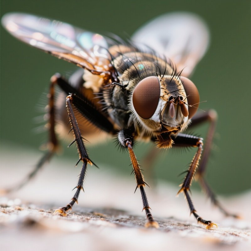 A Close Up Of A House Fly Rubbing Its Front Legs Together