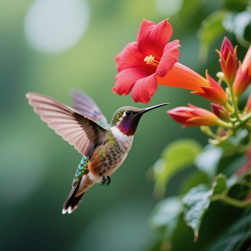 A Close‑Up Of A Hummingbird Mid‑Flight Hovering Before A Bright Red Trumpet Vine Flower, Wings