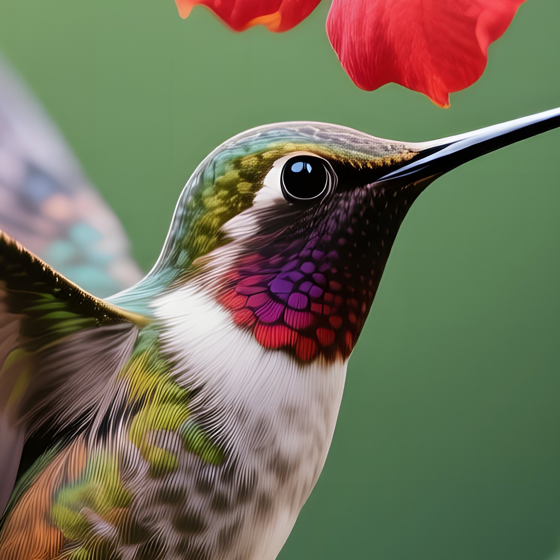 A Close‑Up Of A Hummingbird Mid‑Flight Hovering Before A Bright Red Trumpet Vine Flower, Wings - Full Resolution Quality Preview