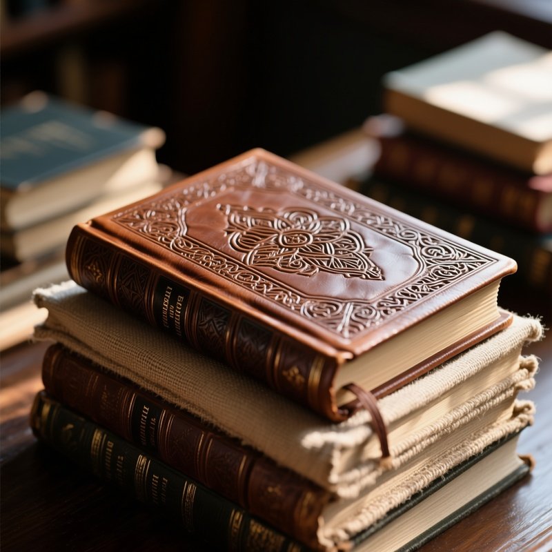 A Close‑Up Of A Leather Book Cover Embossed With Intricate Patterns, Resting On A Stack Of