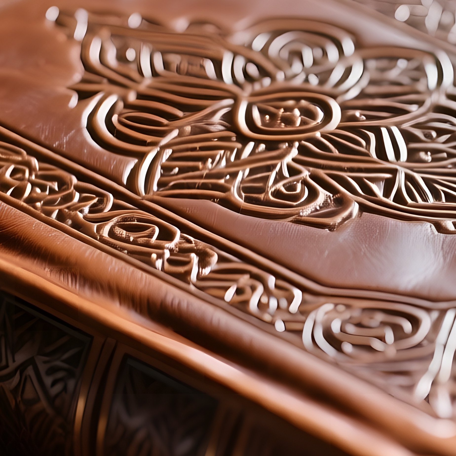 A Close‑Up Of A Leather Book Cover Embossed With Intricate Patterns, Resting On A Stack Of - Full Resolution Quality Preview