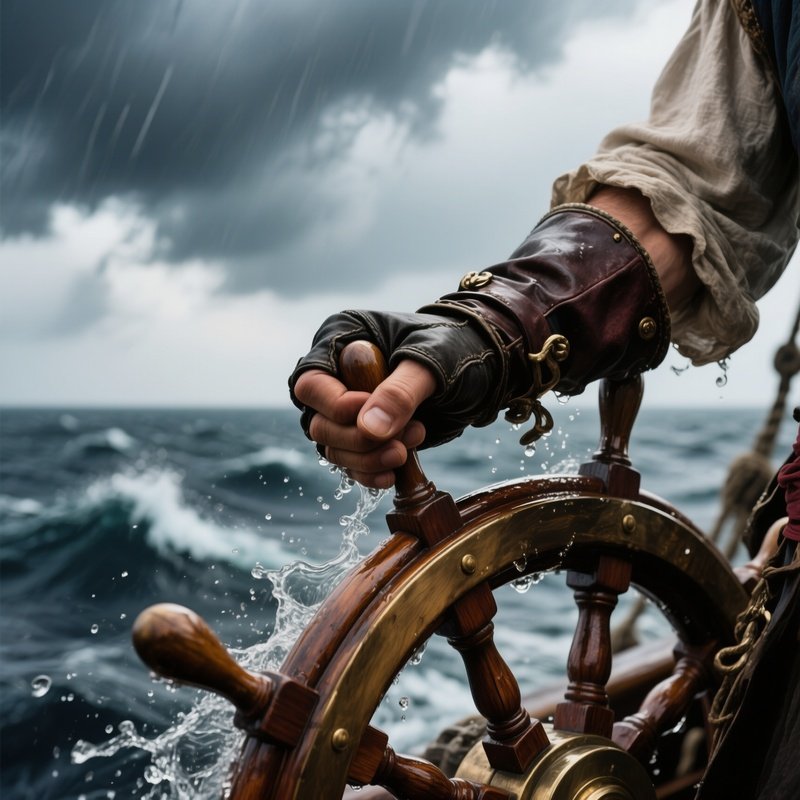 A Close‑Up Of A Pirate'S Hand Gripping A Polished Wooden Wheel, Sea Spray Clinging To His Gauntlet,